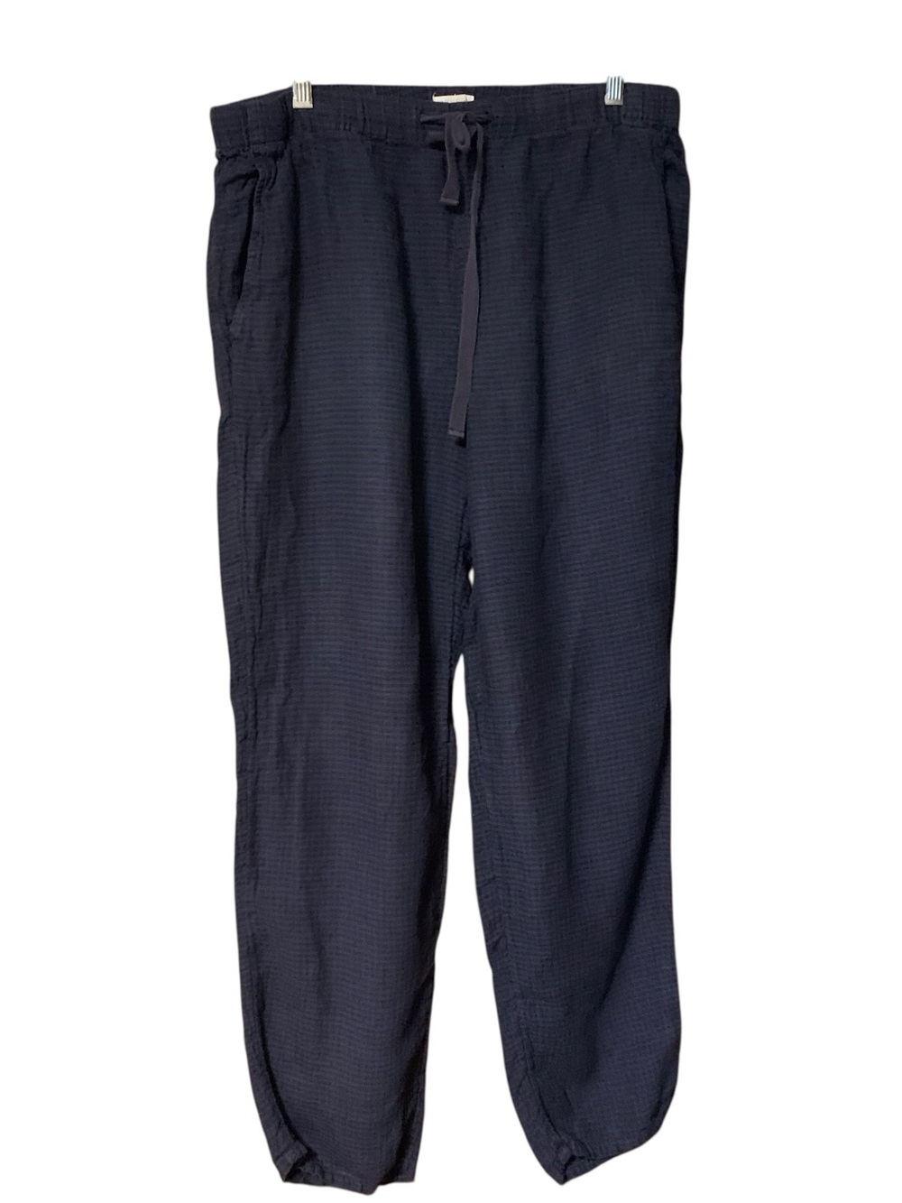 Eileen Fisher M Organic Linen Pants Drawstring Blue Black Check